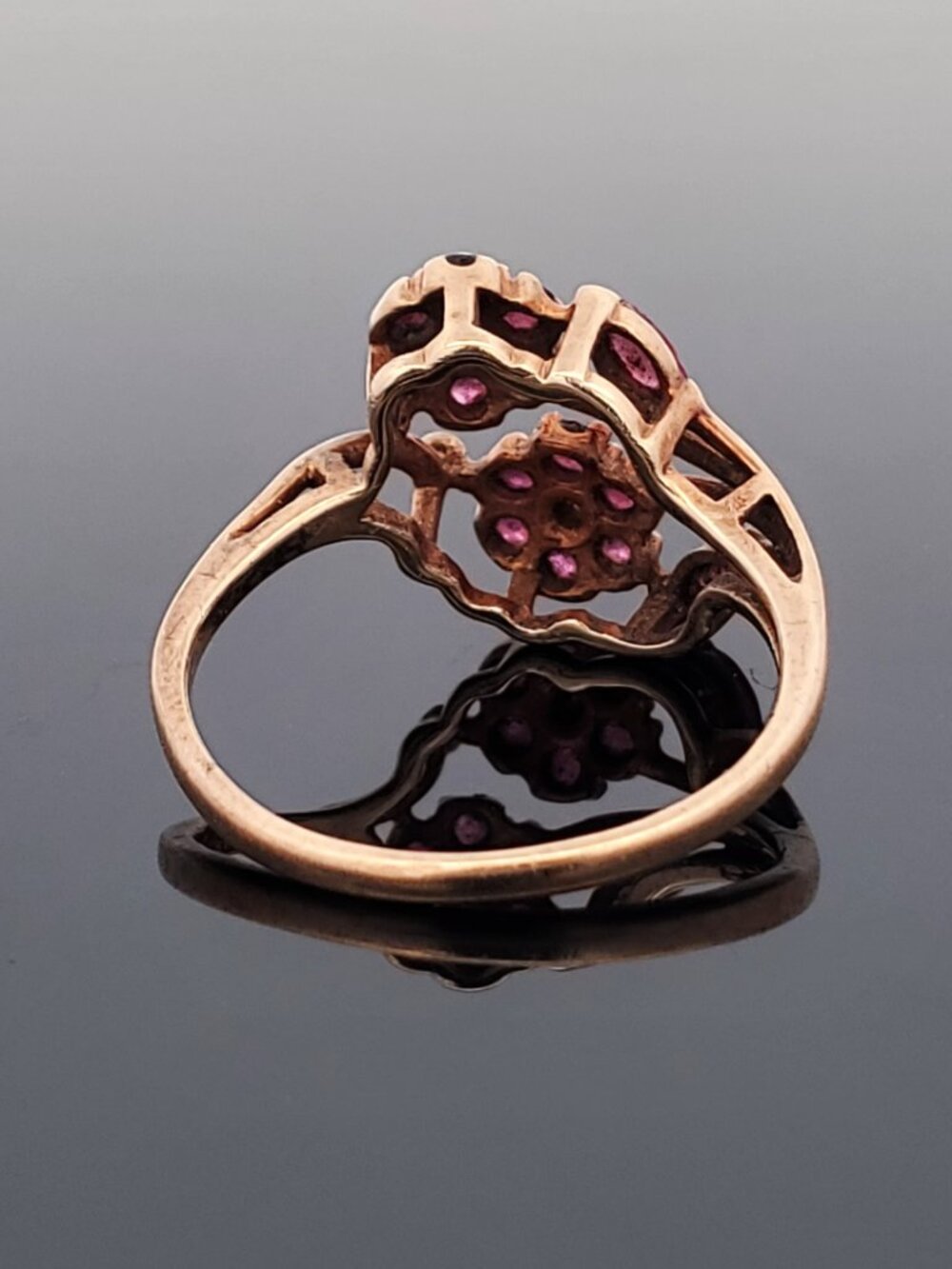 Vintage 10K Yellow Gold Diamond & Rhodolite Garnets Floral Bypass Ring Size 7 - Picture 11 of 13